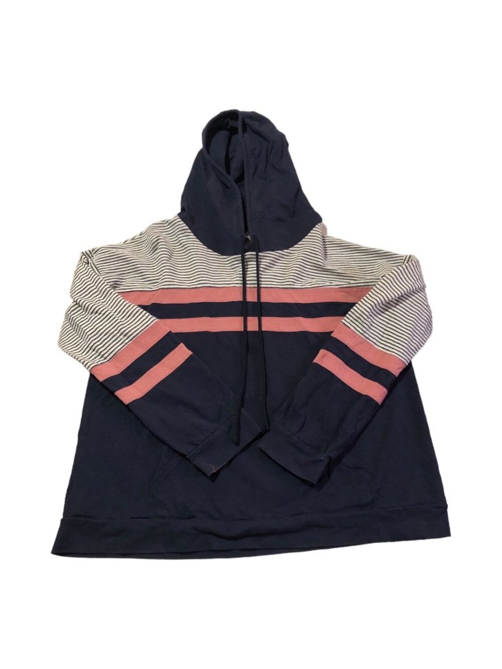 Navy Blue Light Weight Hoodie Sweatshirt White Blue Salmon Stripes Sz L